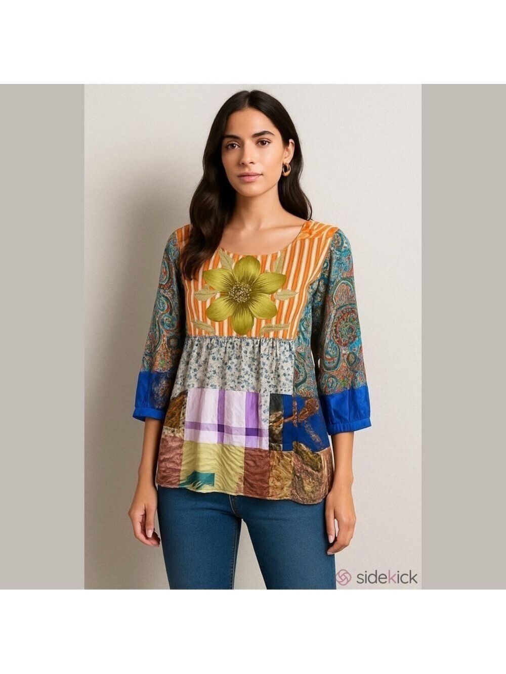 Place Nationale Silk Blouse Tunic Blue Patchwork Bell Sleeves V-Neck Peasant 1X